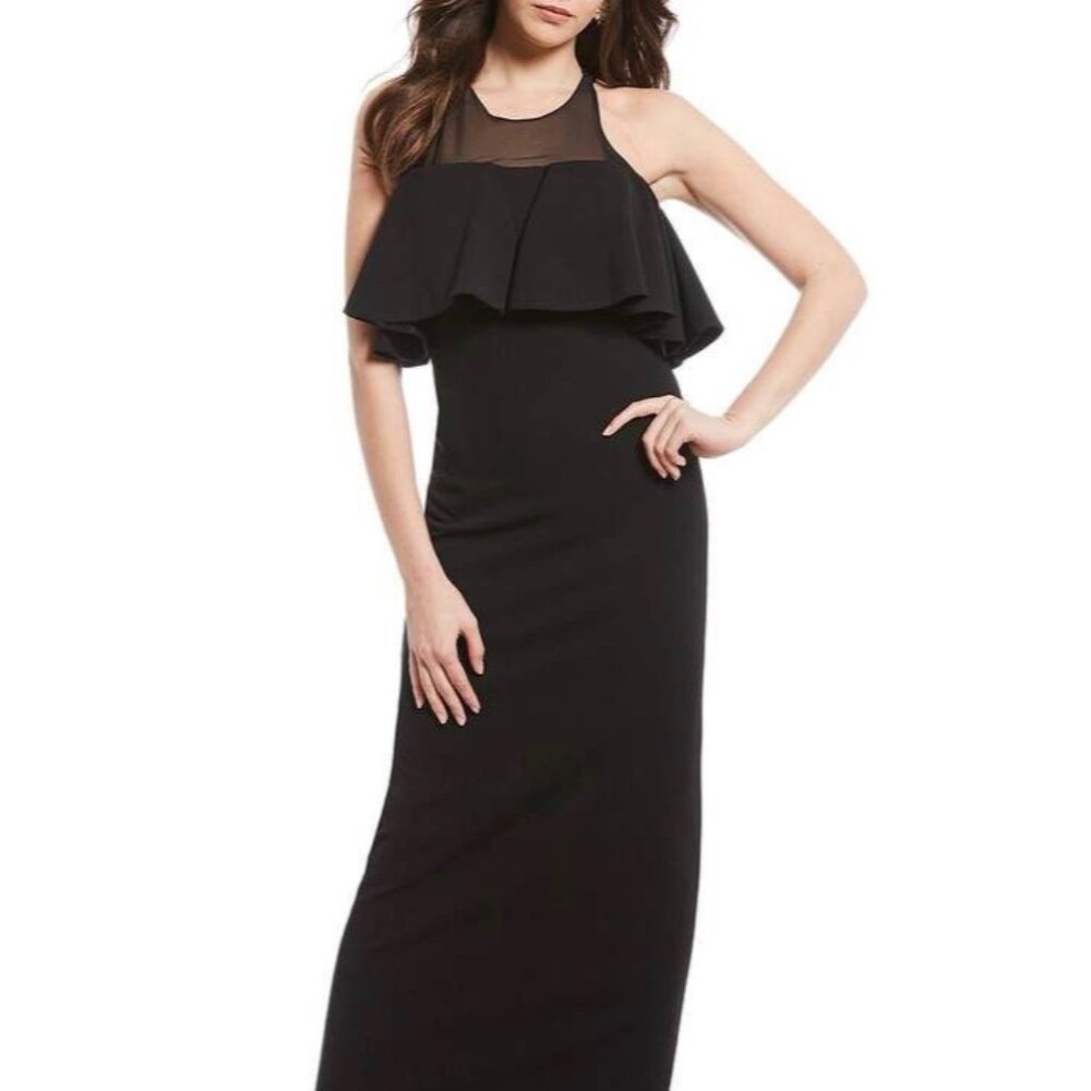 Badgley Mischka Belle Womens Sleeveless Ruffled Gown Black Maxi Dress size 10